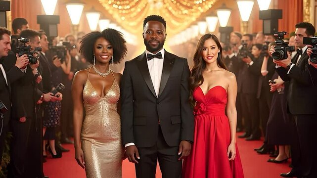 Three People in Formal Wear Posing on Red Carpet