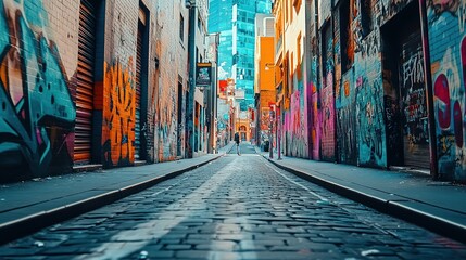 Naklejka premium Colorful urban alleyway in a city adorned with street art, showcasing vibrant murals and brick walls during daylight hours