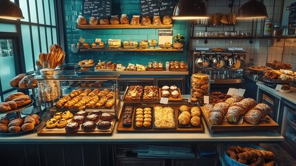 A delightful bakery display filled with fresh pastries and breads in a cozy caf&eacute; setting during the morning hours