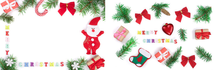 merry christmas inscription in frame made of fir branches isolated on white background with copy space for your text