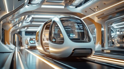 Obraz premium Futuristic autonomous pods waiting in a sleek, illuminated transportation hub designed for urban mobility in a modern city