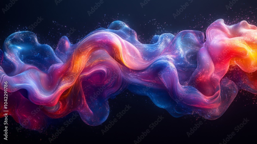 Poster This artwork showcases dynamic swirls of vibrant colors intertwining gracefully against a dark backdrop, creating an enchanting visual effect.