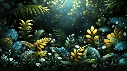 Enchanted Forest: Lush Tropical Leaves and Daisies