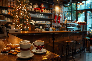 A Cozy Christmas Cafe filled with Hot Chocolate, Delicious Treats, and Festive Decor all around