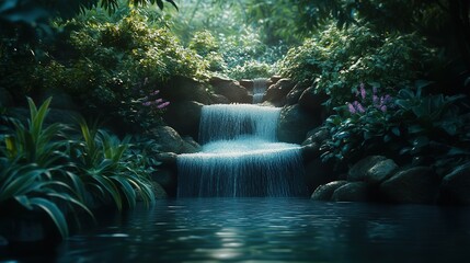 A serene cascade flows gently through lush greenery in a tranquil rainforest environment at dawn
