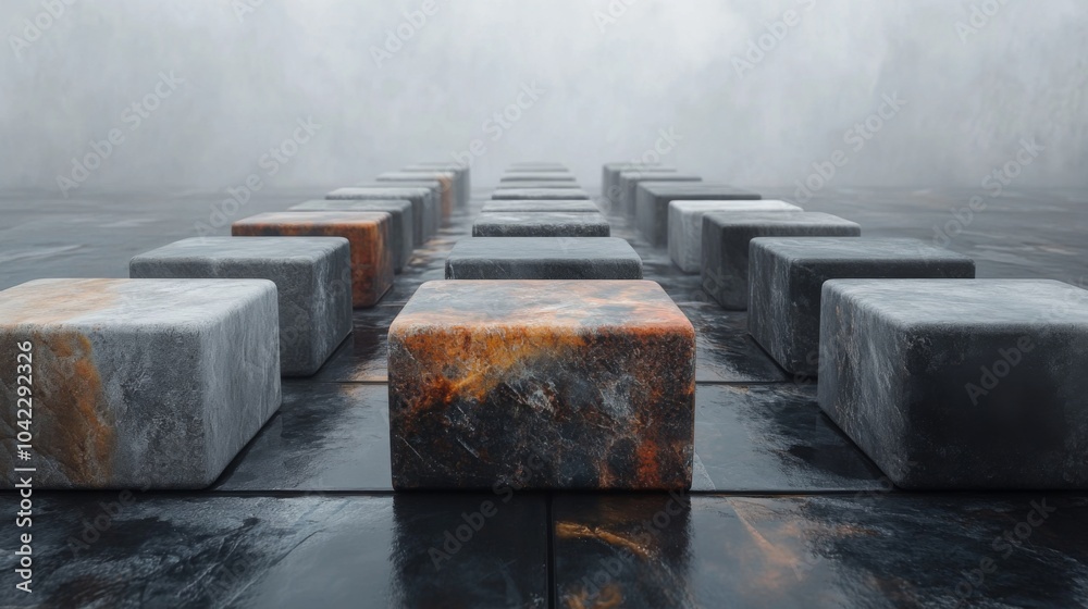 Poster Textured stone blocks create a pathway in a misty, minimalist environment, blending organic shapes with a serene atmosphere. The soft lighting enhances the scene's depth and tranquility.