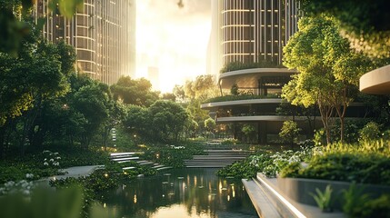 Obraz premium Urban sunset illuminating green skyscrapers amid lush trees in a modern cityscape, showcasing nature’s harmony with architecture