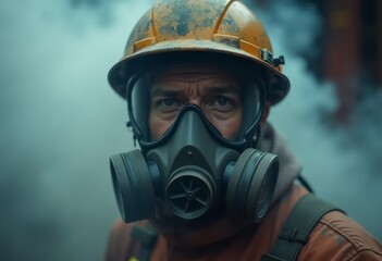 Firefighter with gas mask and helmet surrounded by smoke in burning building, close up