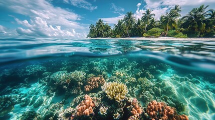 Fototapeta premium Vibrant underwater coral reef teeming with life near a tropical island paradise on a sunny day