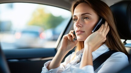 Businesswoman using phone while driving in daylight