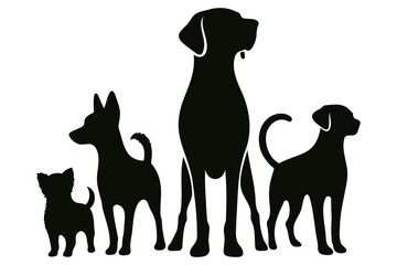 Vector illustration. Silhouettes of black dogs. Set of animal stickers. Large set.