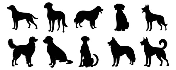 Vector illustration. Silhouettes of black dogs. Set of animal stickers. Large set.