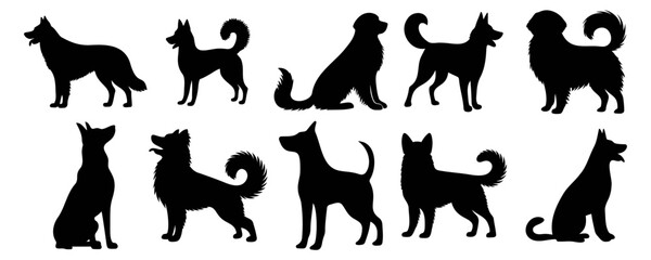 Vector illustration. Silhouettes of black dogs. Set of animal stickers. Large set.