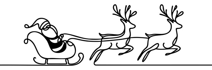 Santa s sleigh with Christmas reindeer in harness one line art. Continuous line drawing of new year holidays, christmas, congratulations, weekend, celebration.