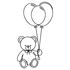 Single continuous line drawing lovely teddy bear toy. teddy bear with balloons