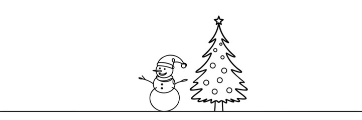 Continuous one line drawing of snowman and pine tree or Christmas tree