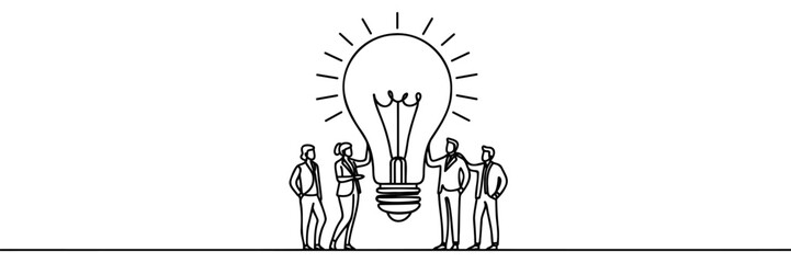 Continuous one line drawing of business people holding big light bulb with trophy as filament, winning mentality in business team concept, single line art.