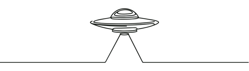 Flying saucer in one line on a white background. Unidentified flying object with a beam of light. Flying vehicles of aliens. Stock vector image.