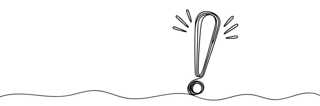recommend clip art: Single continuous line art exclamation mark icon. Online warning hazard concept silhouette symbol design. One sketch outline drawing vector illustration