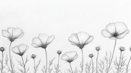 Naklejka premium Delicate line drawing of poppy flowers on white background