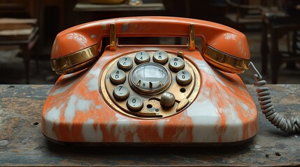 Vintage Orange Rotary Phone with Gold Accents