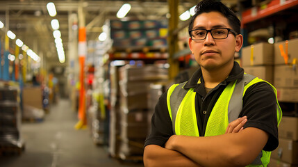 Naklejka premium a confident individual standing with arms crossed in a warehouse setting. They are wearing a bright yellow safety vest over a dark shirt