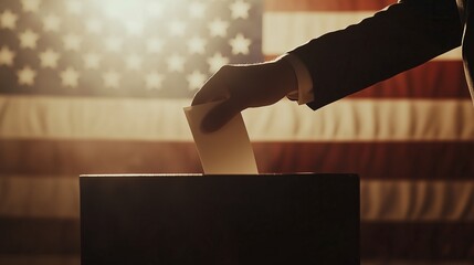 The moment of voting, where a man in a business suit places a ballot in a ballot box against the backdrop of the American flag. It symbolizes democracy and civic responsibility.