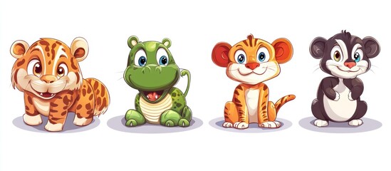 Obraz premium Four cartoon animals, a tiger, a hippo, a tiger, and a raccoon, are all sitting and smiling.