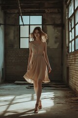 Naklejka premium A young woman in a solitary room bathed in soft light, showcasing a blend of timeless elegance and modern style.