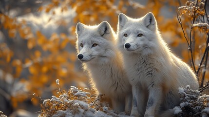 Obraz premium Two Arctic Foxes in a Snowy Forest