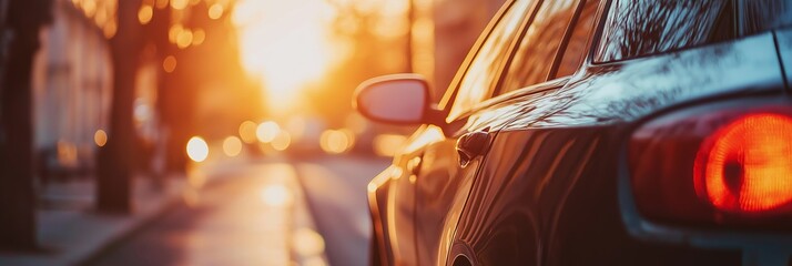 Naklejka premium A stylish black car parked on an urban street, its glossy surface catching the warm hues of a setting sun.