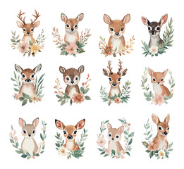 Obraz premium Portraits Of Forest Animals In Frames Of Flowers And Leaves Watercolour Icons Elegant Greenery And Soft Watercolour Effects Perfect For Nature Lovers And Illustrations