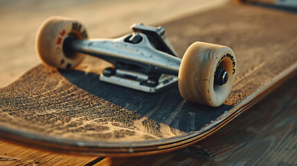 a close-up of a skateboard, showcasing its sleek wooden deck and black grip tape. The skateboard is equipped with sturdy trucks and smooth