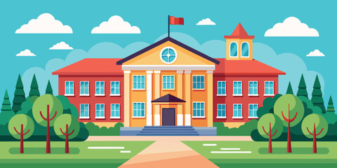 School Building in Park in Flat Cartoon Vector Illustration for Back To School Banner Element Decoration Isolated on Transparent Background