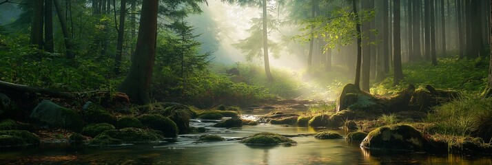 A peaceful forest scene with a babbling stream and sunlight filtering through the dense canopy of trees.