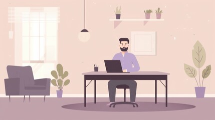 Minimalist flat illustration, man working on laptop