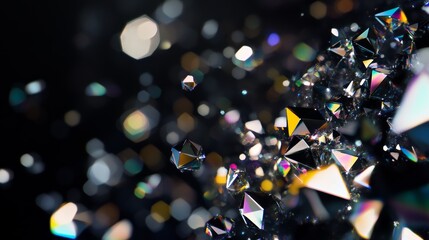 Abstract black background. Featuring a cascade of iridescent, floating geometric crystals. Showcasing a luxurious and dynamic effect. Ideal for high-end branding and creative visuals