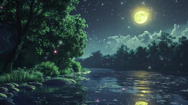 Tranquil forest lake at night under glowing full moon and starry sky
Seamless looping 4k time-lapse virtual video animation Generated AI