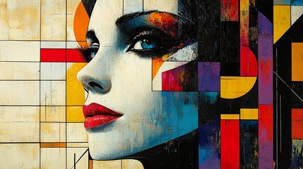 Abstract Portrait of a Woman with Bold Geometric Shapes and Colors
