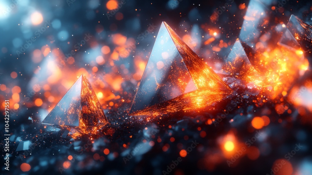 Aufkleber Illuminated pyramids appear to float amidst fiery lava-like particles, creating a captivating contrast of colors in a surreal environment. The scene evokes a sense of wonder and beauty.