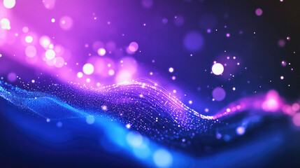 Dynamic abstract digital background with glowing purple and blue gradients, illuminated data charts, and night sky