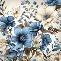 Elegant Blue and White Botanical Pattern Vintage Print