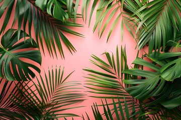A group of palm leaves against a pink wall