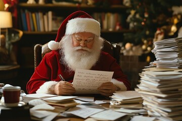 Santa Claus writing personalized letters to children, seated at his desk in the North Pole, surrounded by stacks of mail and a cup of tea 1