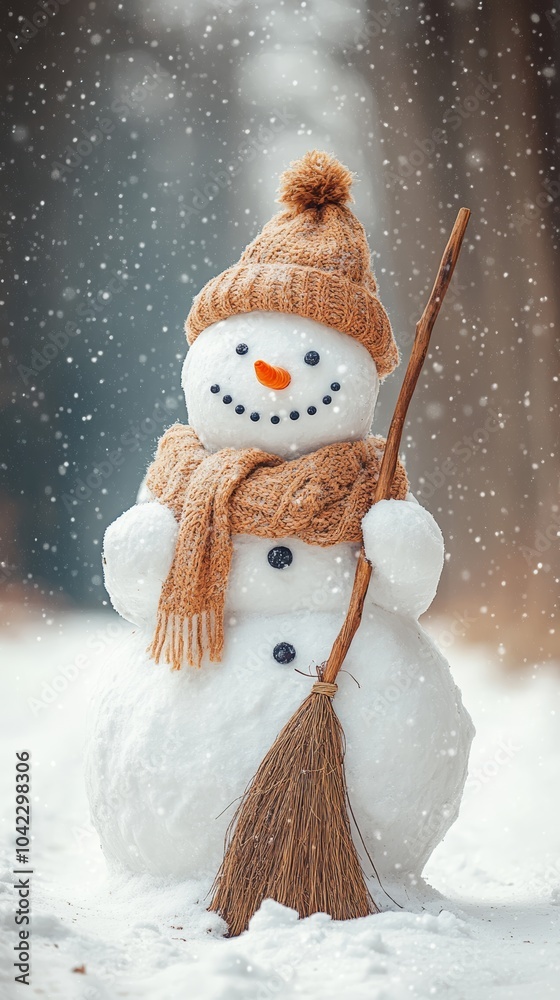 Poster snowman with a knitted hat and scarf standing in a snowy scene, surrounded by bokeh lights, ideal fo