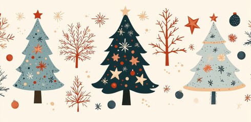 Obraz premium Charming flat illustration of decorated Christmas trees with elegant ornaments and simple winter elements