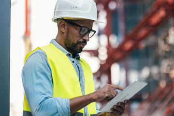 Handosme man with worker's helmet passing list with digital tablet of the material needed to build a block of flats