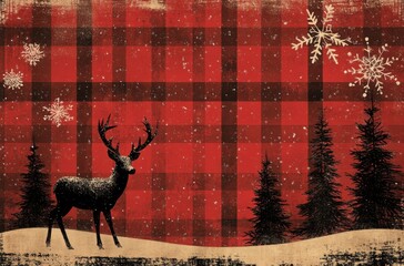 Rustic holiday scene with snowflakes, deer, and evergreen trees on a red checkered background
