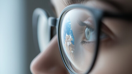 Globe Reflected in Eyeglasses with Dreaming Traveler