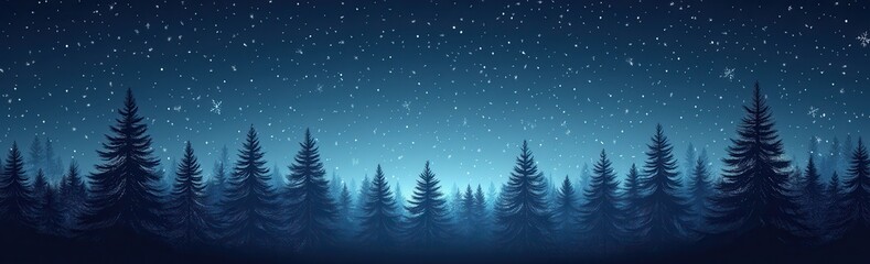Obraz premium Silhouette of a serene snowy forest under a starry night sky, capturing the quiet beauty and calm of a winter landscape with silhouettes of evergreen trees beneath the sparkling stars.